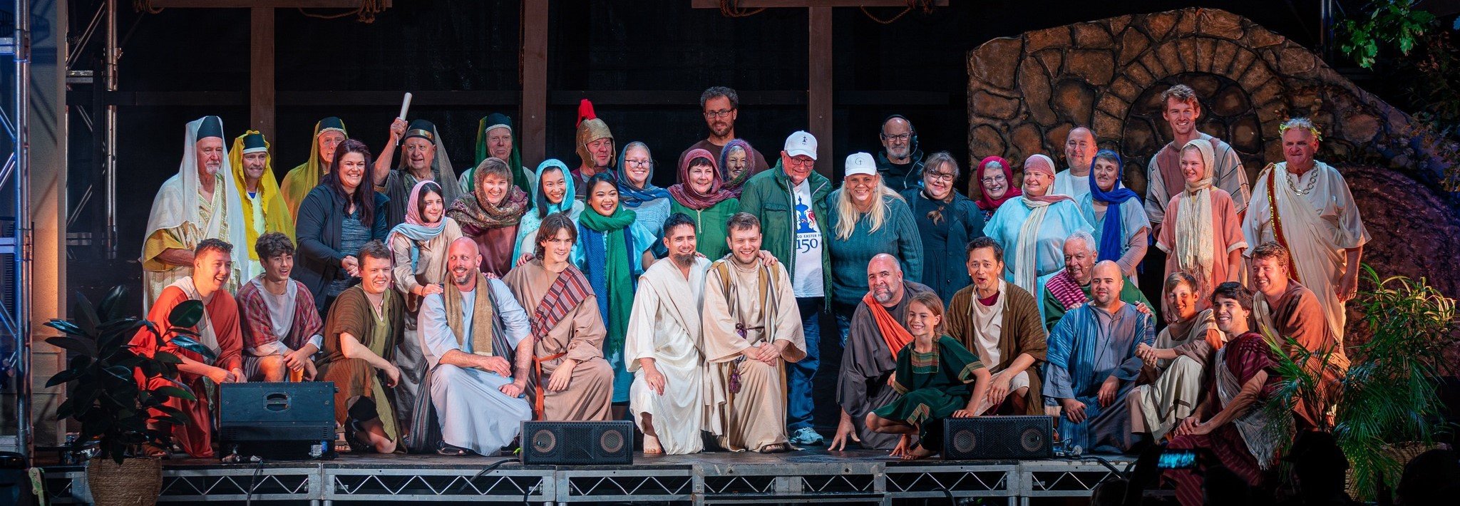 The full Way of the Cross company on the Rosalind Park stage