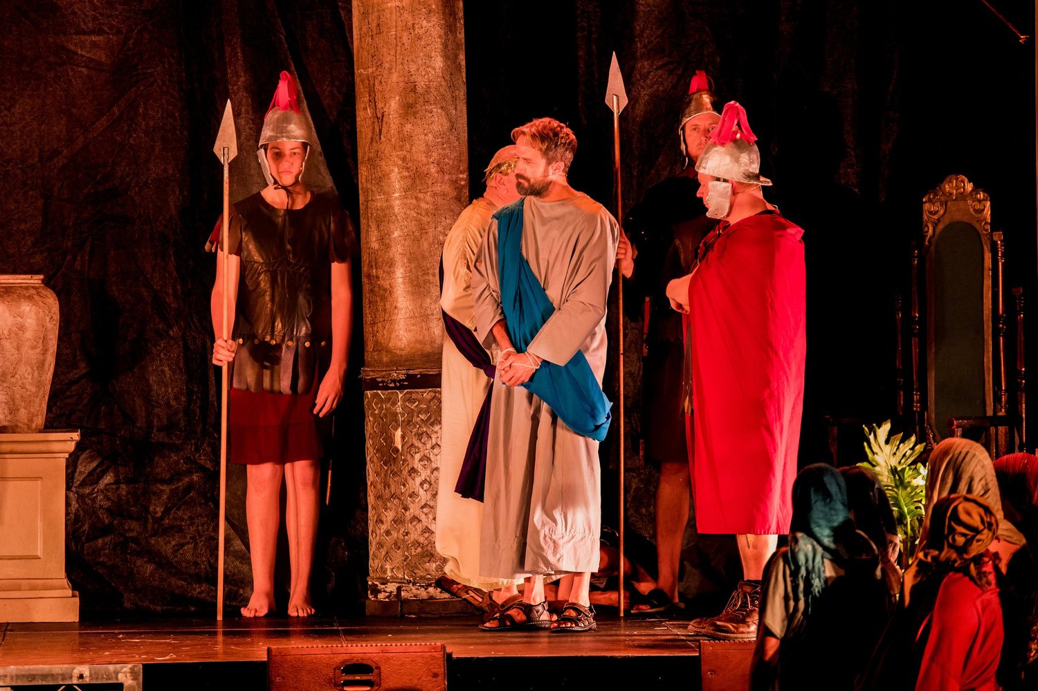 Jesus stands before Pontius Pilate, watched by Roman soldiers, in the Bendigo production